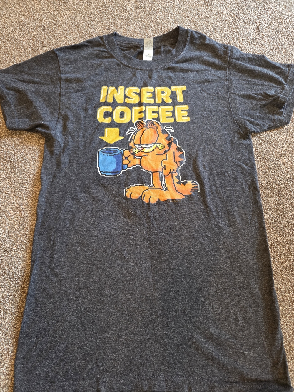Women's XS "Insert Coffee" Garfield Graphic Tee - Charcoal